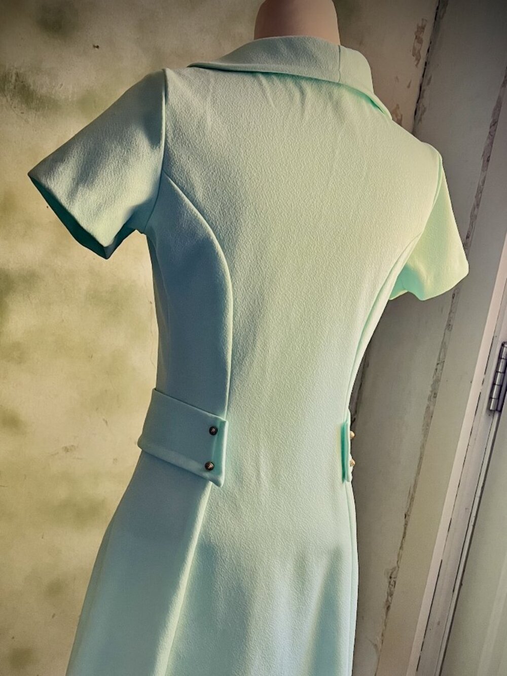 Vintage Sears Jr. Bazaar 60s Mod Mint Mini Dress Gold Buttons XS S - Picture 8 of 13